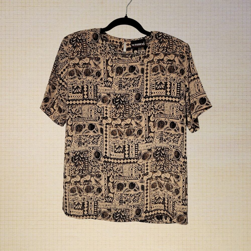 90s Vintage Notations Blouse Brown Silky Short Sleeve Shoulder Pads Size 8